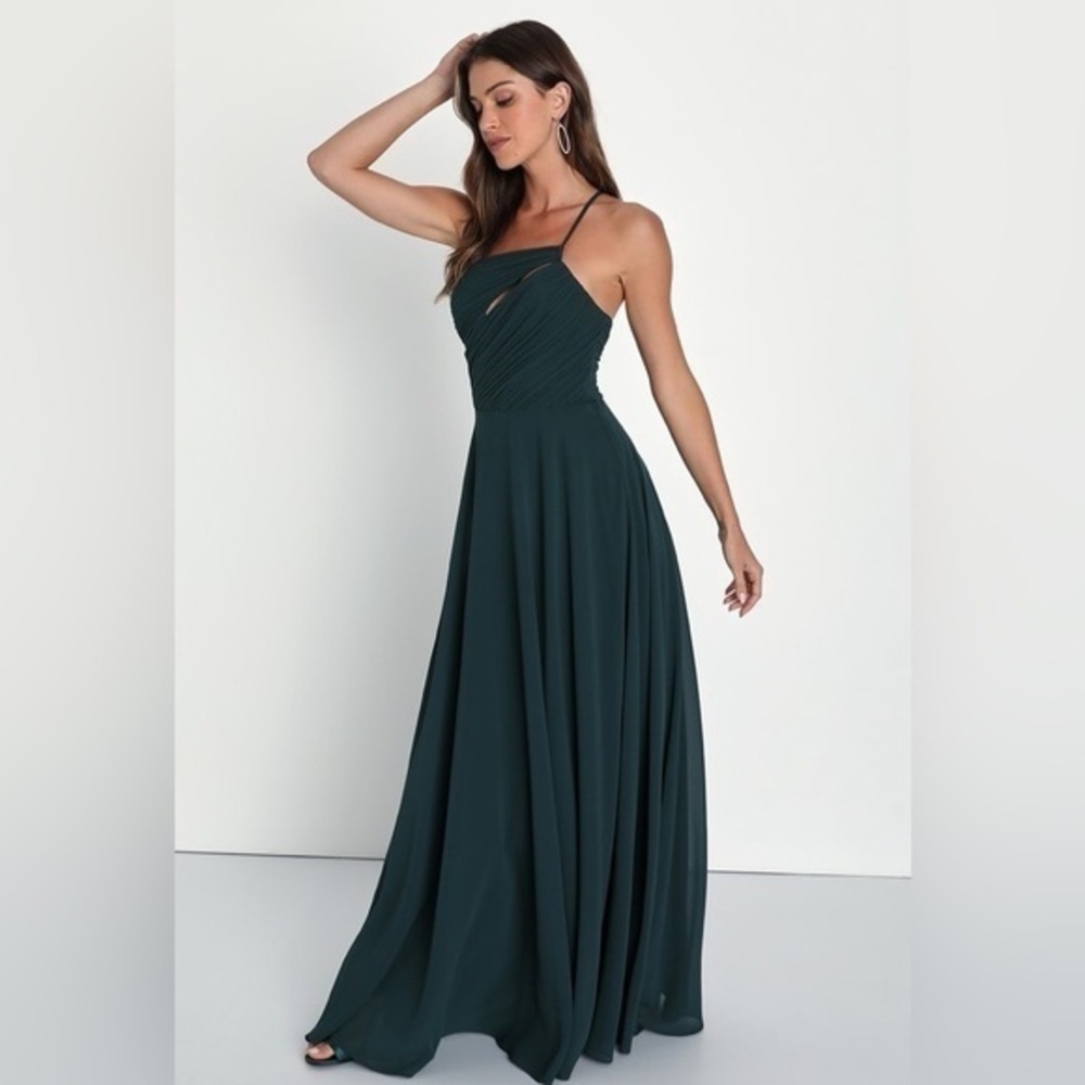 ⚫️ LULUS Extraordinary Elegance Emerald Pleated One-Shoulder Maxi Dress small